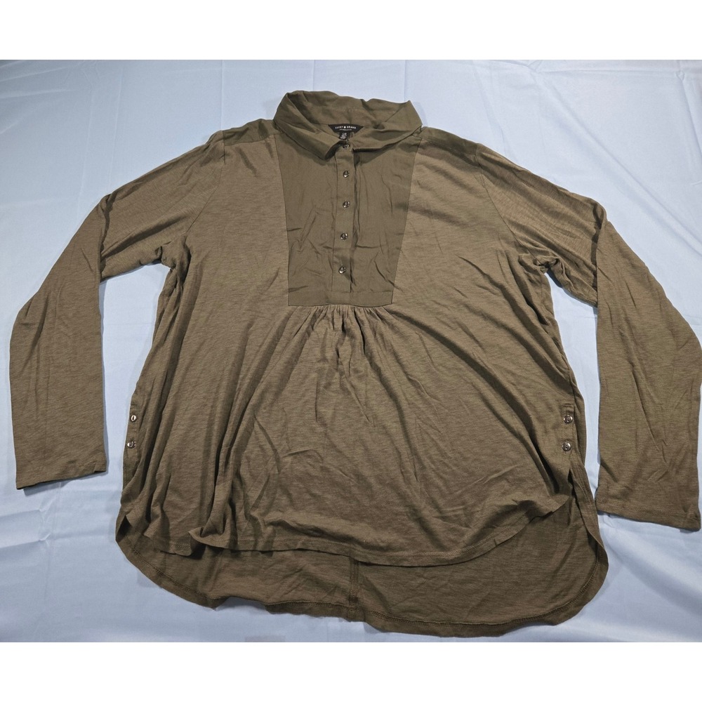 Lucky Brand Women Olive Green Mixed Media Button Front Long Sleeve Top Large